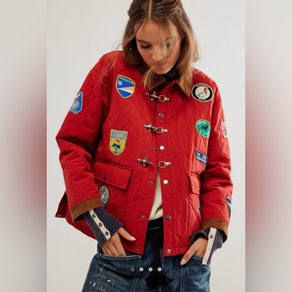 Quilted Red Patchwork Toggle Utility Jacket - image 1